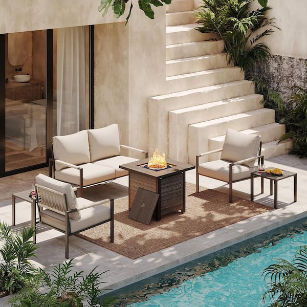 AURA OUTDOOR 6-Piece Metal Fire Pit Patio Conversation Set Outdoor Furniture Set with 28 in. Square Propane Fire Pit Table, Beige