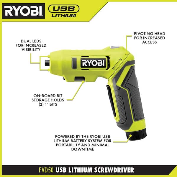 familie tang farligt RYOBI USB Lithium Screwdriver Kit and USB Lithium (2) 2.0 Ah Lithium-ion  Rechargeable Batteries FVD50K-FVB201 - The Home Depot