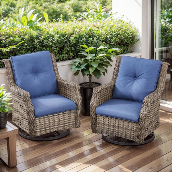Opohoro TidyFoot Metal and Gray Wicker Outdoor Rocking Chair Swivel Chairs with Olefin Blue Navy Blue Cushions (2-Pack)
