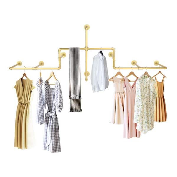 YIYIBYUS Gold Industrial Pipe Wall Mounted Iron Clothes Rack 10.63 in. W x 30.71 in. H
