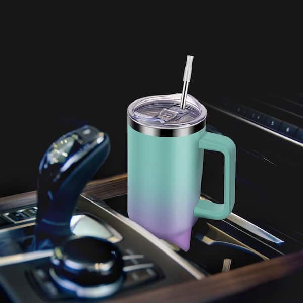 Wudkey 40 oz. Green and Purple Blended Stainless Steel Travel Mug with Handle and Straw Lid, Leak-proof Insulated Tumbler