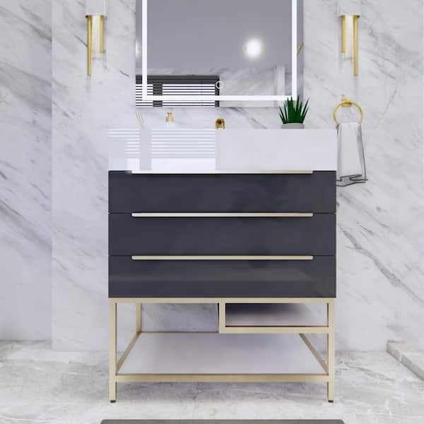 BV Better Vanity Bethany 30 in. W x 20 in. D x 36 in. H Single Sink Freestanding Bath Vanity in Gloss Gray with White Acrylic Top