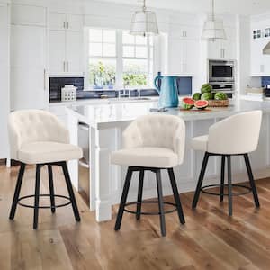 26 in. Beige Fabric Metal Frame Upholstered Counter Height Swivel Bar Stools with Matte Silver Rivets (Set of 3)