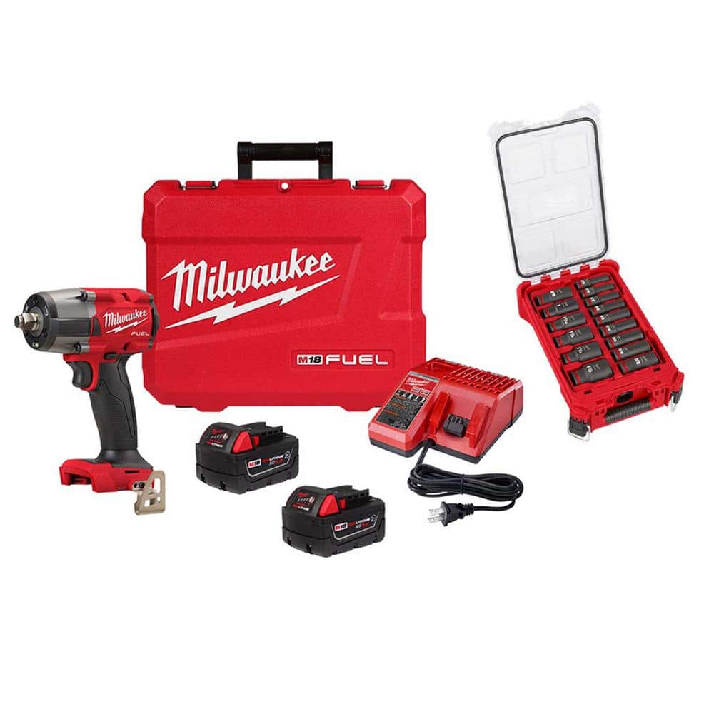 M18 FUEL 18V Lithium-Ion Brushless Cordless 1/2 in. Mid-Torque Impact Wrench with Friction Ring Kit & Impact Socket Set -  Milwaukee, 2962-22R-6802