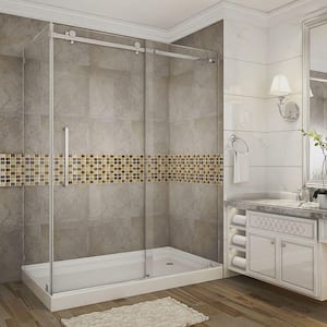 Moselle 60 in. x 77-1/2 in. Frameless Sliding Shower Door Enclosure in Stainless Steel with Right Drain Base