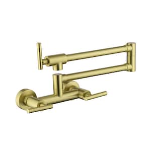 Wall Mounted Pot Filler Kitchen Brass Faucets 3 Handles and 2 Holes Control Hot Cold Water in Brushed Gold