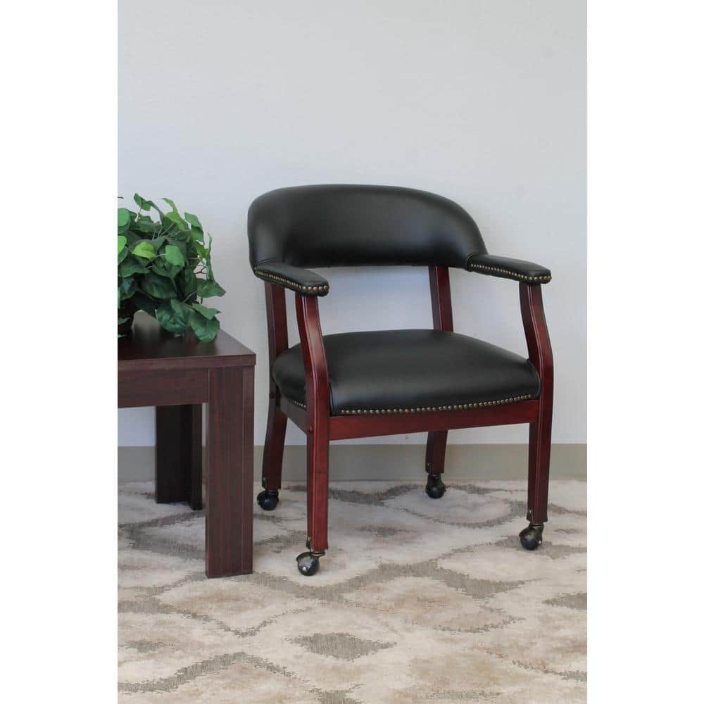 Traditional Executive Captain's Chair in Black Vinyl with Mahogany Base