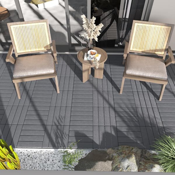 GOGEXX 12 in.W x 12 in. L Outdoor Striped Pattern Square Plastic Interlocking Flooring Deck Tiles (Pack of 44 Tiles)in Gray
