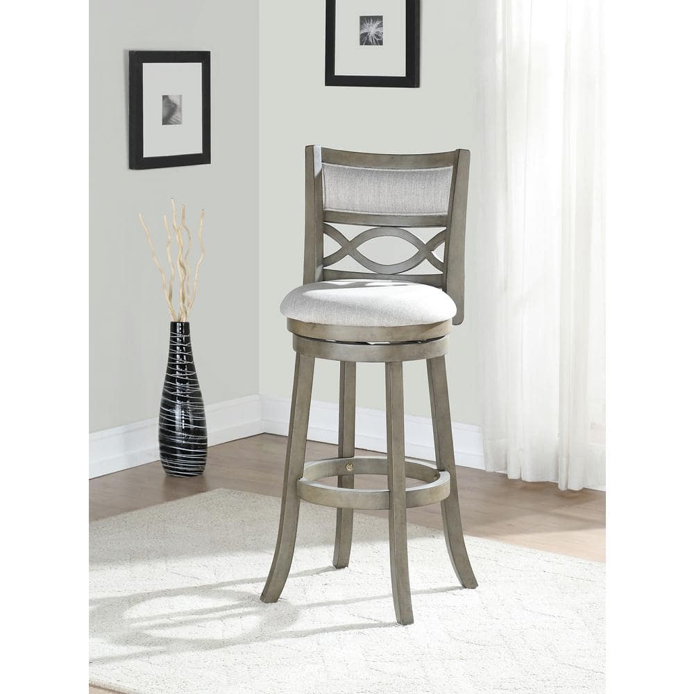 Transitional Gray Swivel Bar Stool in Solid Wood with Carved Back