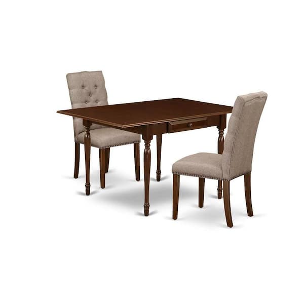 East West Furniture 3-Piece Mahogany Finish Rectangular Solid Wood Top with Dropleaf Dining Table Set
