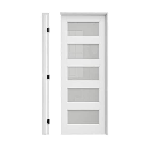 EH PUERTA 30 in. x 80 in. 5-Lite Frosted Glass Left Hand White Solid Core Glass Single Prehung Interior Door+ Quick Assemble Jamb