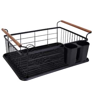 Acacia Wood Dish Rack with Draining Tray in Black