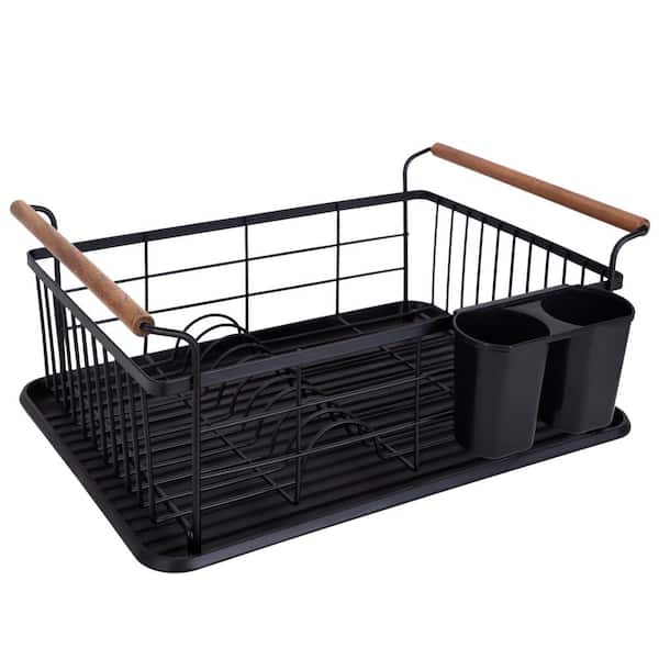 Kitchen Details Acacia Wood Dish Rack with Draining Tray in Black 15182- BLACK - The Home Depot