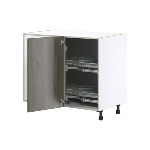 J COLLECTION 18 in. W x 34.5 in. H x 24 in. D Medora Textured Slab Walnut Assembled 2 Waste Bins Pullout and 1-Drawer Kitchen Cabinet
