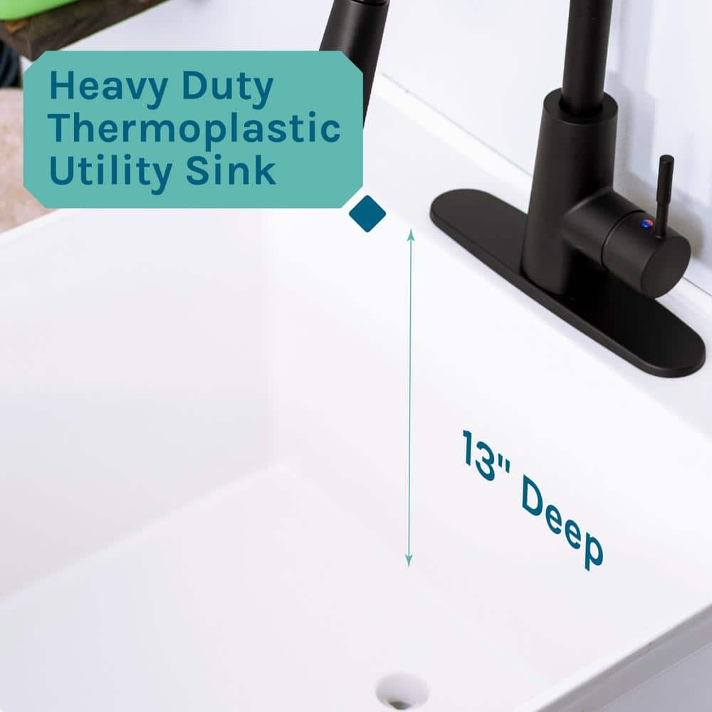 White Freestanding Utility Sink with Black High-Arc Faucet