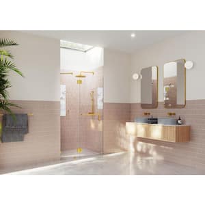 Mimas 45.75 in. W x 78 in. H Glass Hinged Frameless Towel Bar Shower Door in Satin Brass with Clear Glass