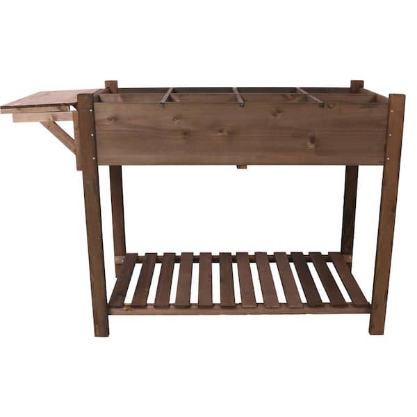 cenadinz 49 in. L Dark Brown Wood Raised Planter Box with Foldable Side Table and Storage Shelf
