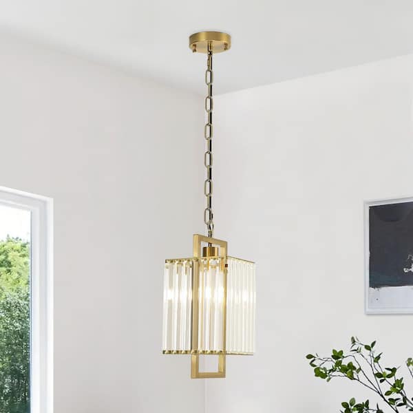JUSHENG Brass Mini Crystal Pendant Light for Kitchen Island 1-Light Pendant Light Fixture
