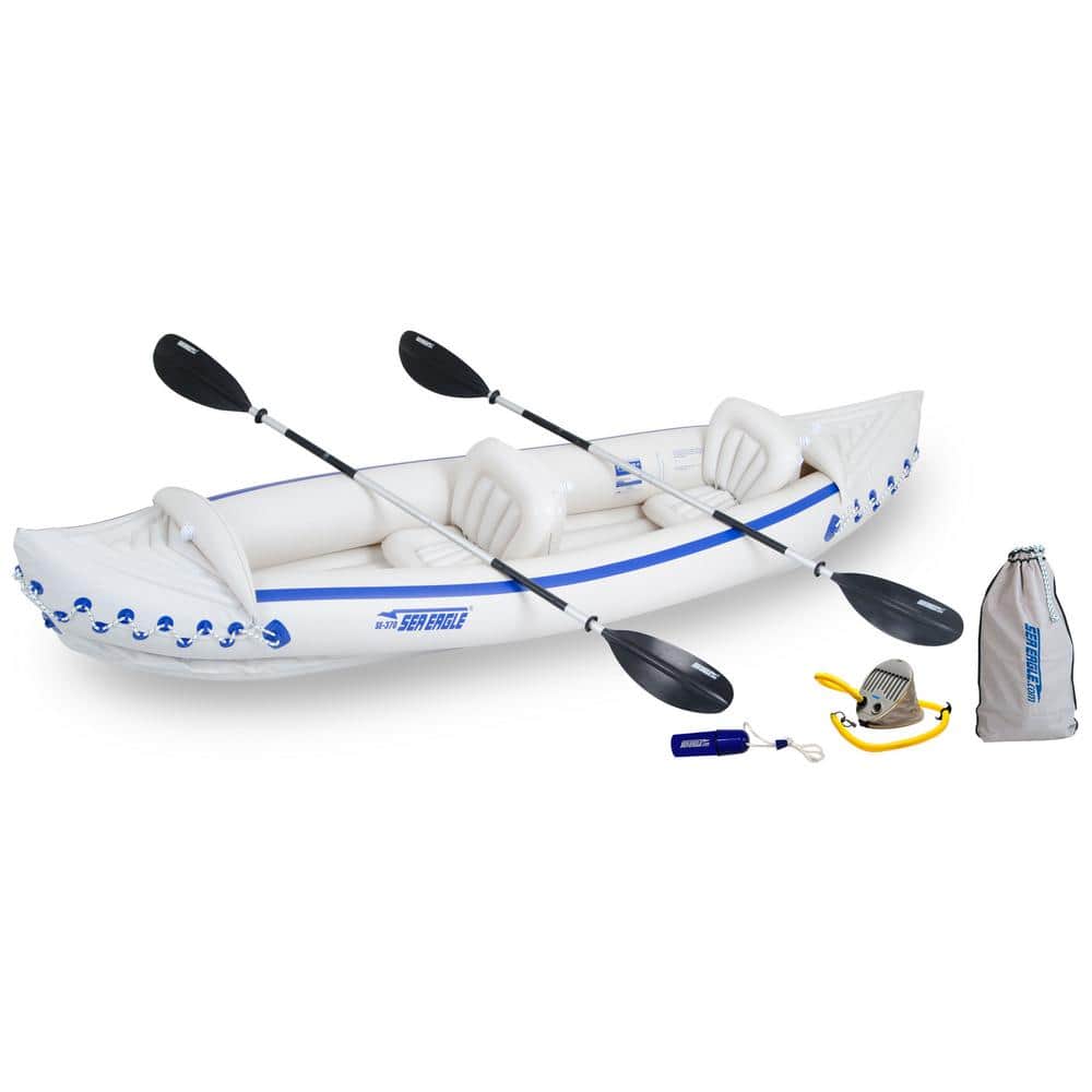 Sea Eagle 370 Deluxe 3 Person Inflatable Portable Sport Kayak Canoe with Paddles