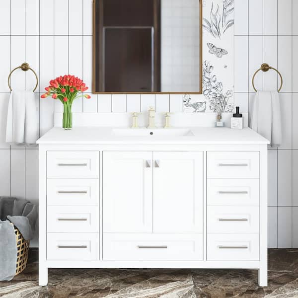 Unbranded 48 in. W x 22 in. D x 34 in. H Single Sink Freestanding Bath Vanity in White with White Engineered Stone Top