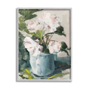 "Impressionist Pot Flowers Green Leaves Pink Petals" by Jane Slivka Framed Nature Texturized Art Print 16 in. x 20 in.