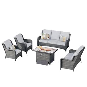 Joyoung Gray 5-Piece Wicker Patio Rectangle Fire Pit Conversation Seating Set with Gray Cushions