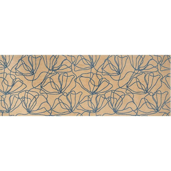 6' Beige And Blue Floral Washable Runner Rug With UV Protection