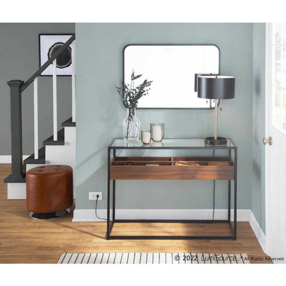 Contemporary Black Steel & Walnut Wood Console Table with Glass Top