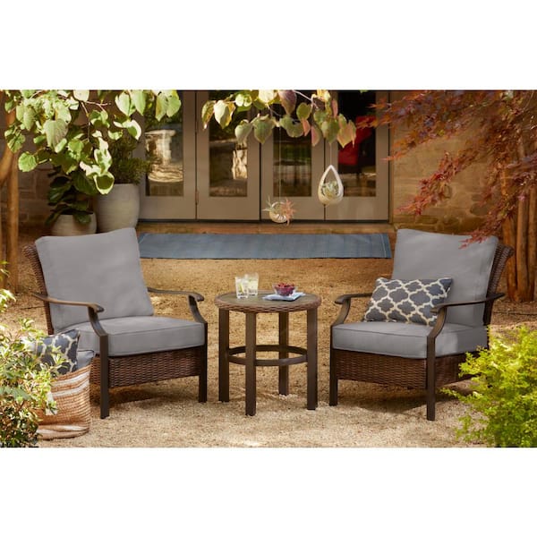 Hampton Bay Harper Creek 3-Piece Brown Steel Outdoor Patio Chair Set with CushionGuard Stone Gray Cushions
