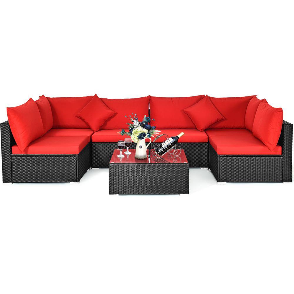 7-Piece Wicker Patio Conversation Set PE Rattan Sectional Sofa Furniture Set with Red Cushions price history on PriceWatchPro