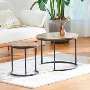 2- Piece 24 in. Walnut Round Wood Nesting Coffee Table wiht Metal Crescent Bases