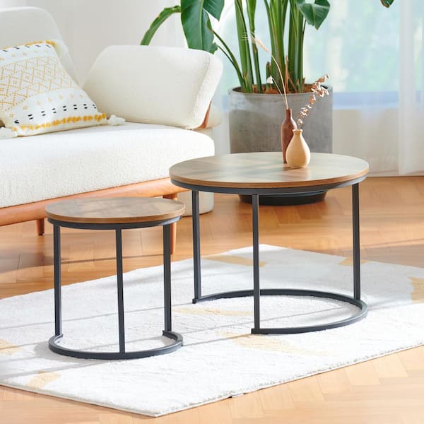 Merra 2- Piece 24 in. Walnut Round Wood Nesting Coffee Table wiht Metal Crescent Bases