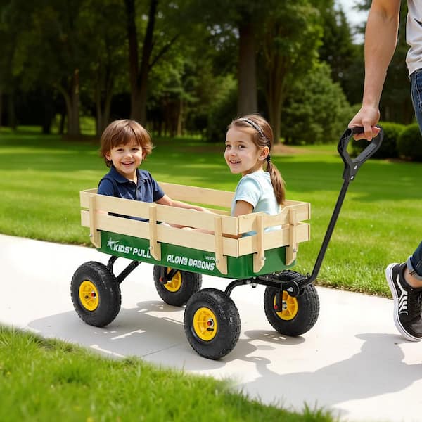 Pull-Along Wagon for Kids, 39 in. Toddler Wagons Wooden Panels and Handle, up to 330 lbs. 0.9 cu. ft. Metal Garden Cart