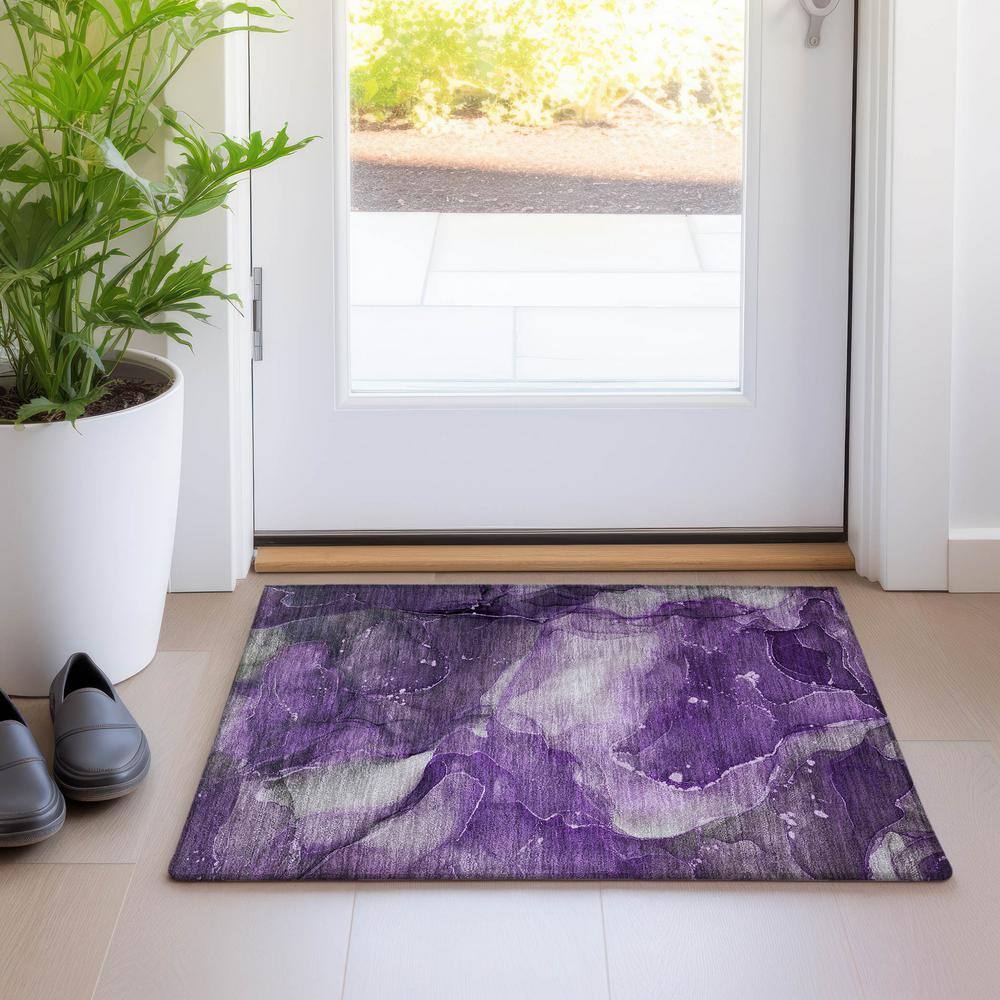 Purple Watercolor Patterned Machine Washable Synthetic Area Rug