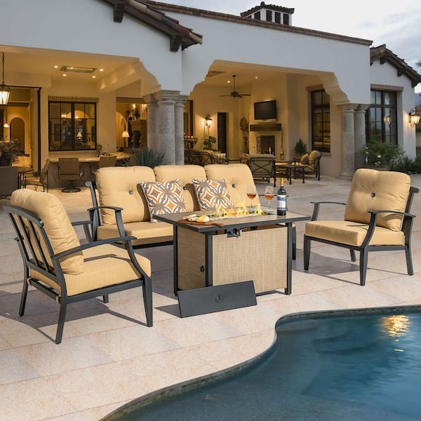 Brown 4-Piece Aluminum Patio Conversation Set with Iron Propane Fire Pit Table, Sofa Set with Ginger Cushions