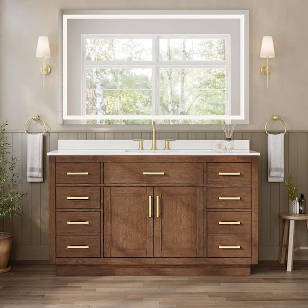 Beckett TK 60 in. Single Freestanding Dark Oak with Brushed Gold Trim Bath Vanity with White Quartz Top
