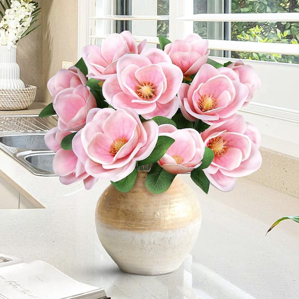 16 in. Pink Artificial Magnolia Flower Stem Bush Bouquet (Set of 2)