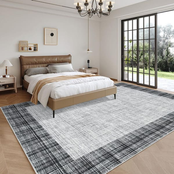 Light Gray 8 ft. x 10 ft. Non-Slip Border Print Rug Machine Washable Ultra Thin Soft for Bedroom Dining Room Office