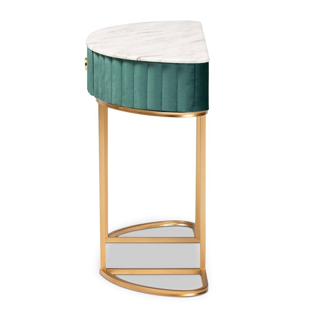 Luxurious Green Velvet and Gold 40" Console Table with Faux Marble Top
