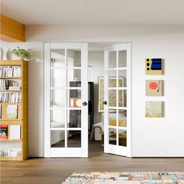 64 in. x 80 in. Composite, MDF, 10-Lite, Clear Glass, Primed, White Interior Door Slab with Black Goal Doorknob