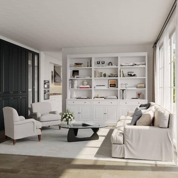 90.9 in. Tall x 102.4 in. Width White Wood 18-Shelf Wood Bookcase, Food Pantry, Storage Cabinet with 3 Drawers