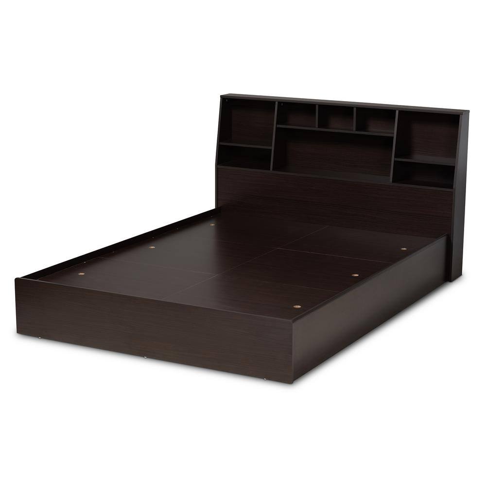 Ergonomic Queen Geoffrey Dark Brown Wood Storage Bed with Bookcase Headboard