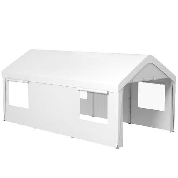 10 ft. D x 20 ft. W x 9 ft. H White Steel Frame Outdoor Carport with 2 Roll-up Doors and 4-Ventilated Windows