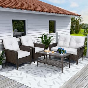 4-Piece Dark Brown Wicker Rattan Outdoor Patio Deep Seating Conversation Set with Coffee Table and Beige Cushions