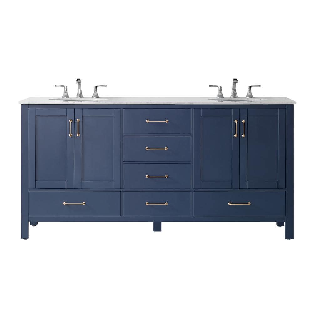 ROSWELL Gela 72 in. Vanity in Blue with Marble Vanity Top in White with