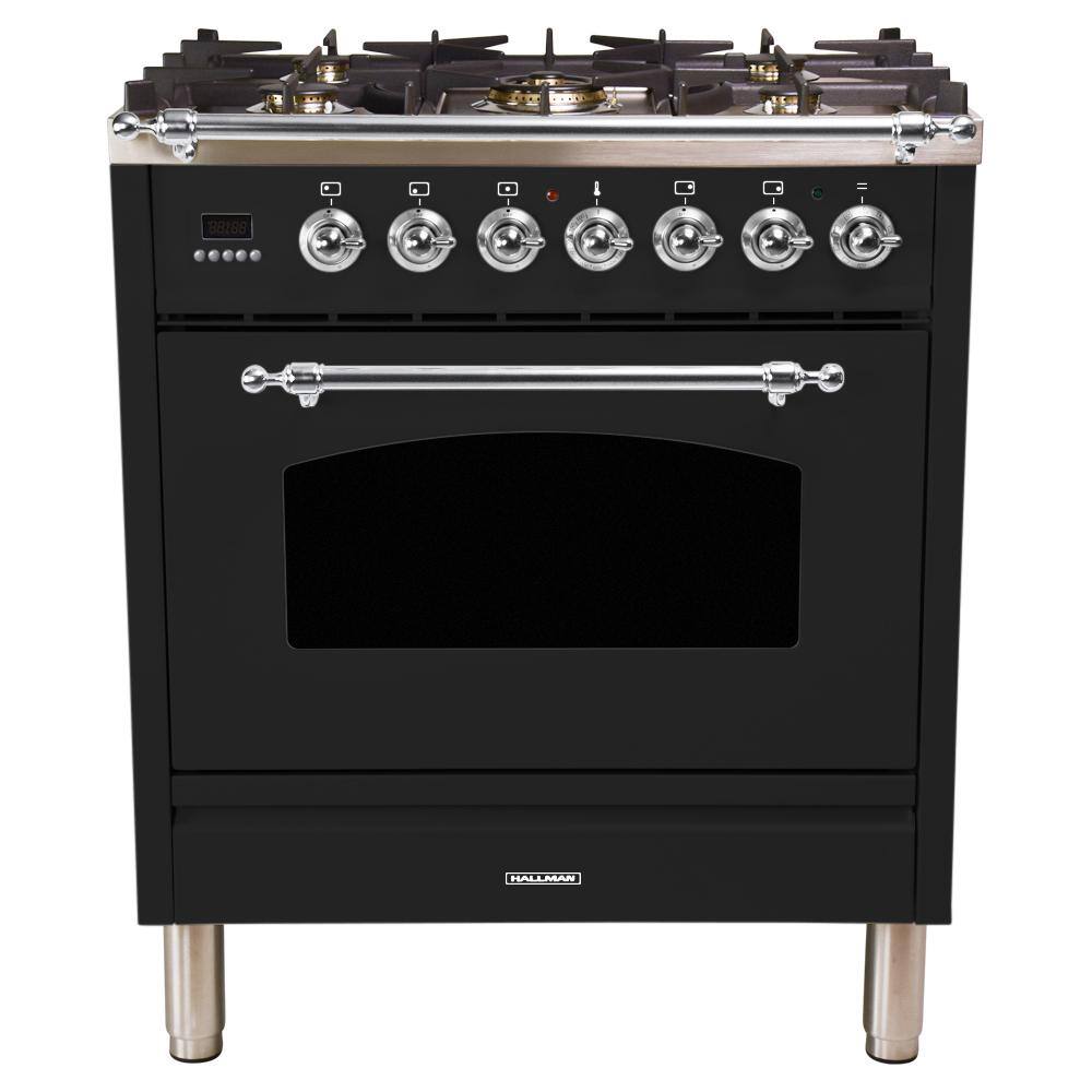 Hallman 30 in. 3.0 cu. ft. Single Oven Dual Fuel Italian Range with True Convection, 5 Burners, Chrome Trim in Glossy Black