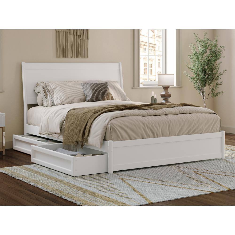 Casanova White Solid Wood Frame Queen Platform Bed with Panel Footboard and Storage Drawers
