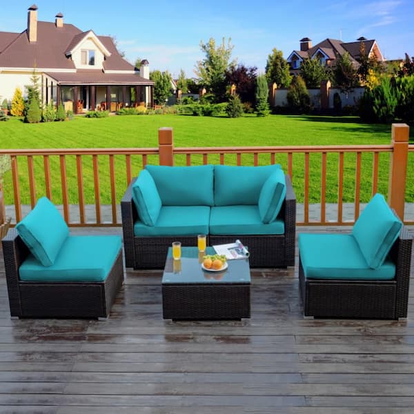 Kadehome Brown 5-Piece Wicker Patio Conversation Set with Green Cushions