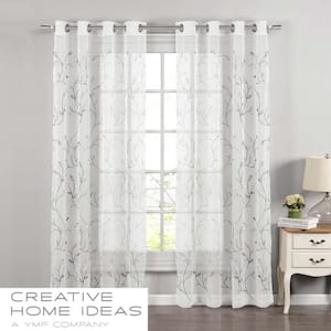 Wavy Leaves 54 in. W x 96 in. L Faux Linen Sheer Grommet Window Curtain in Silver Grey