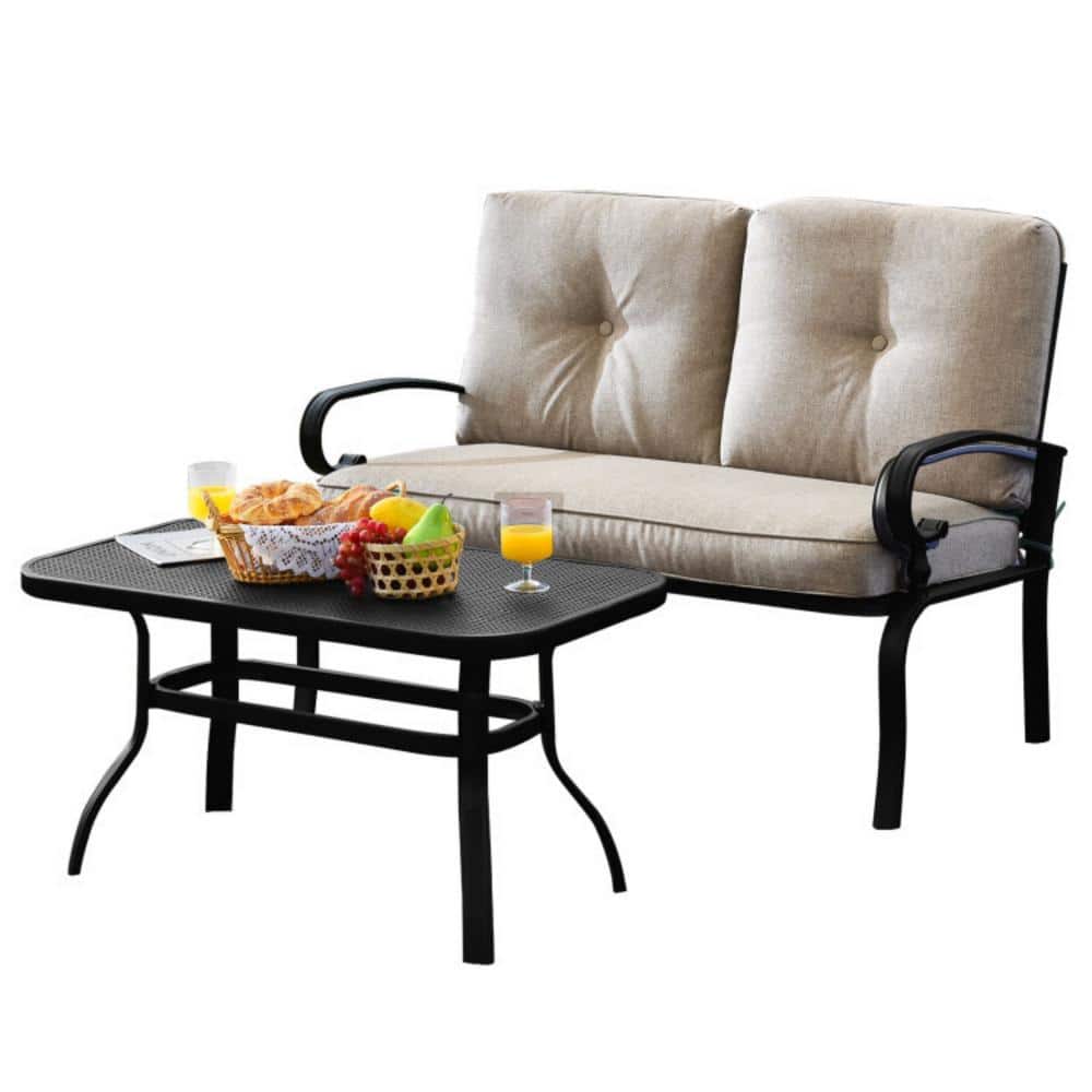 2-Piece Metal Patio Conversation Set Loveseat Bench Table Furniture Set with Beige Cushioned Chair price history on PriceWatchPro